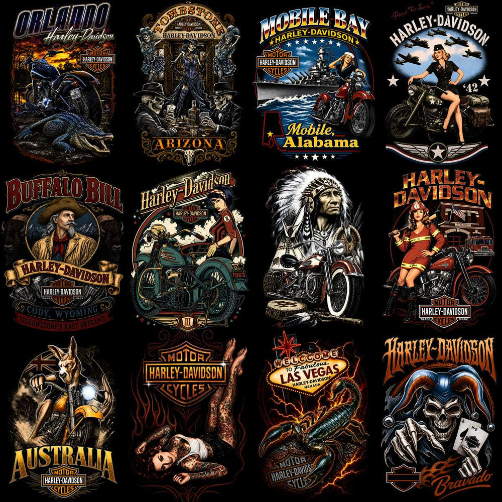 Harley-Davidson themed DTF/DTG designs featuring motorcycles, skulls, pin-ups, and regional icons for t-shirts and apparel.
