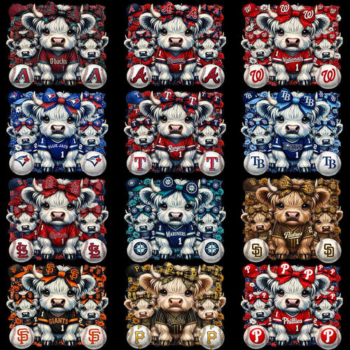30 Highland Cow Baseball Teams Logo Bow Designs Bundle PNG