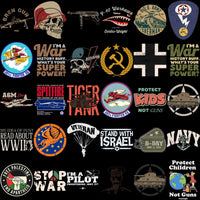 Lade Bild in die Galerieansicht, Military &amp; WWII-themed graphic designs for t-shirts, featuring tanks, planes, skulls, and patriotic slogans. Print-ready PNG/SVG.
