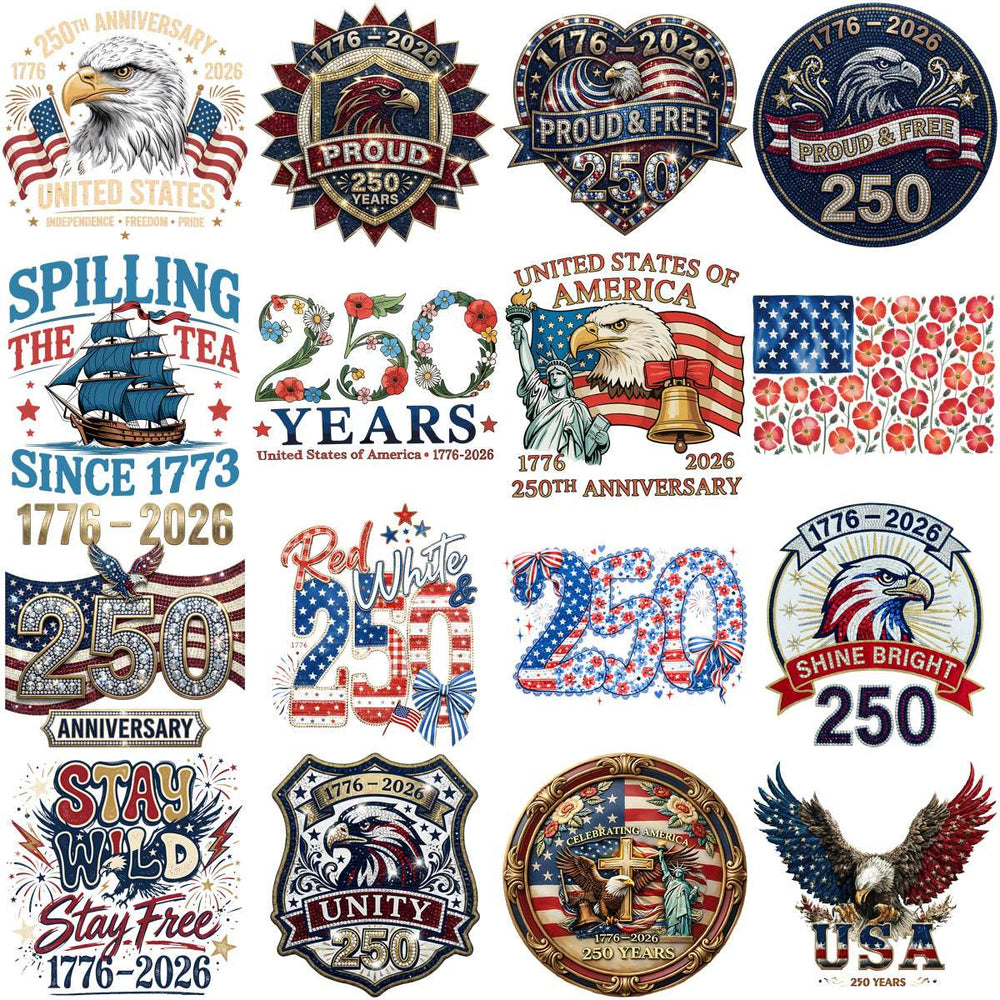 250th USA Anniversary designs with eagles, flags, and patriotic motifs for DTF, DTG, embroidery