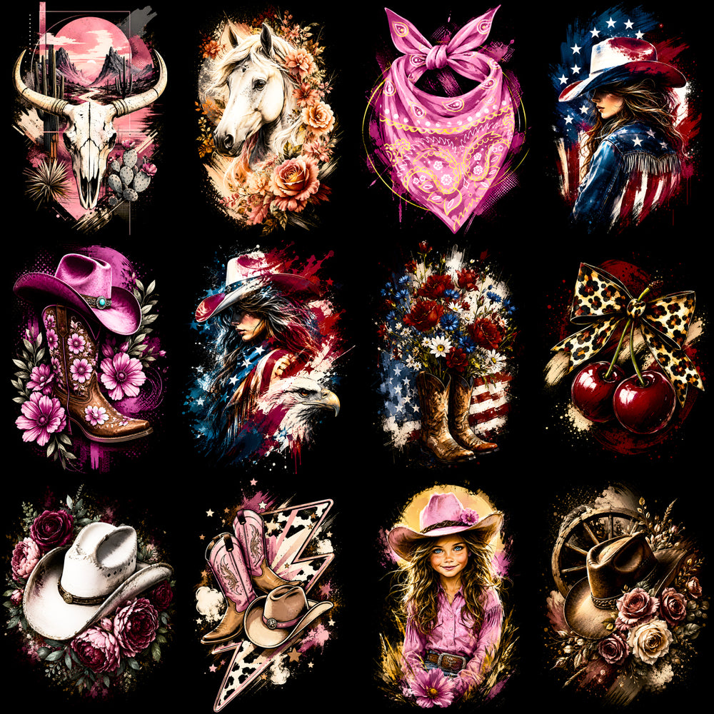 66 Cowgirl Rodeo Western Coastal Halftone Designs Bundle PNG