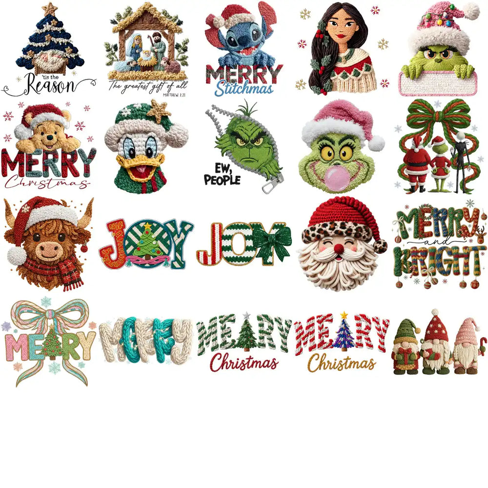 110 Cartoons CHRISTMAS Yarn Style Designs Bundle PNG
