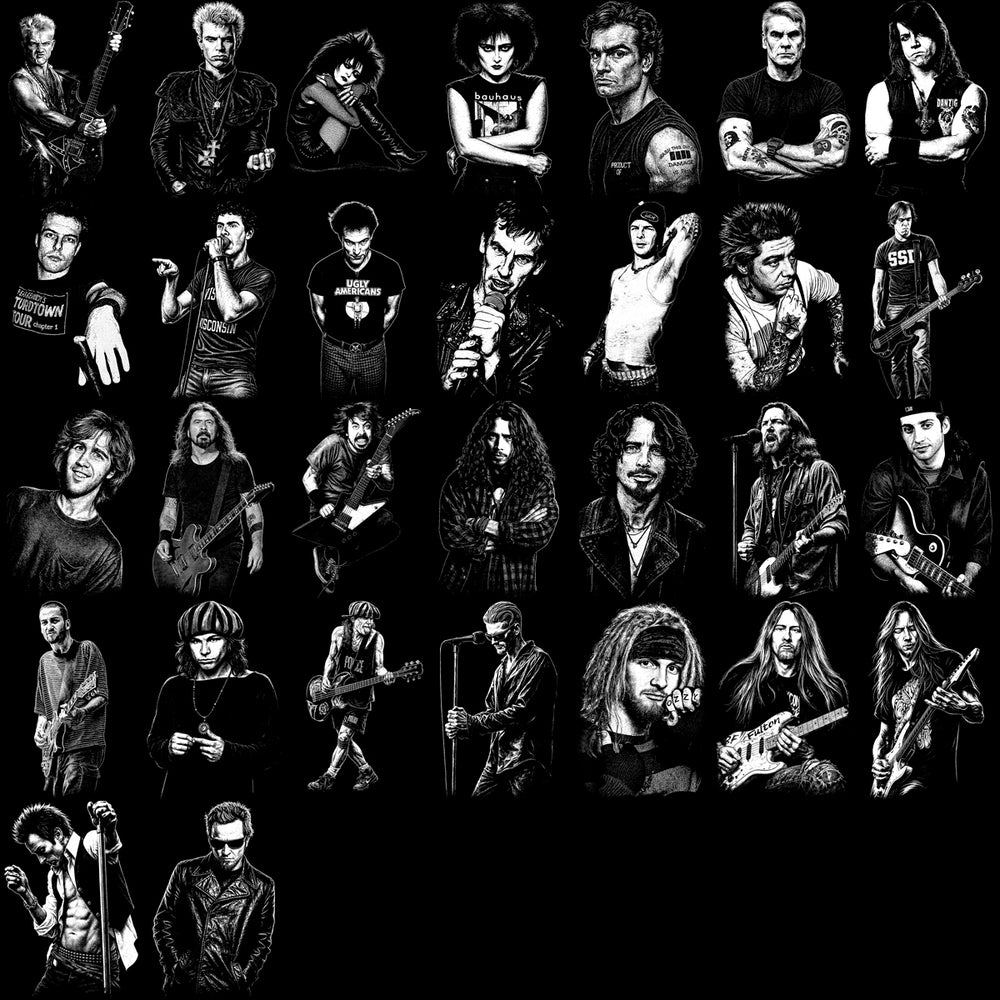 Black and white rock musician portraits, ideal for DTF, DTG, embroidery, or tumbler wrap designs.