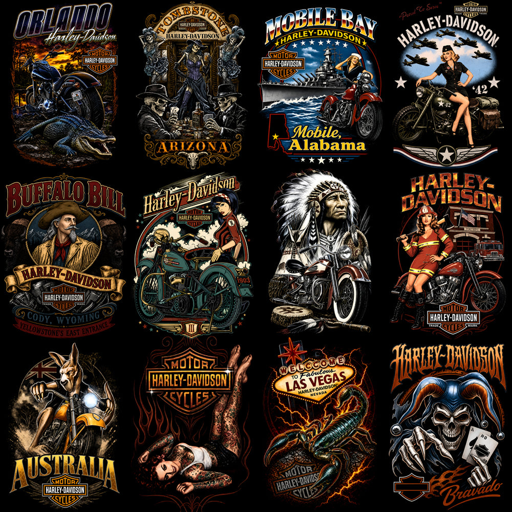 Harley-Davidson themed DTF/DTG designs featuring motorcycles, skulls, pin-ups, and regional icons for t-shirts and apparel.