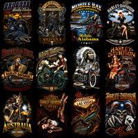 Load image into Gallery viewer, Harley-Davidson themed DTF/DTG designs featuring motorcycles, skulls, pin-ups, and regional icons for t-shirts and apparel.
