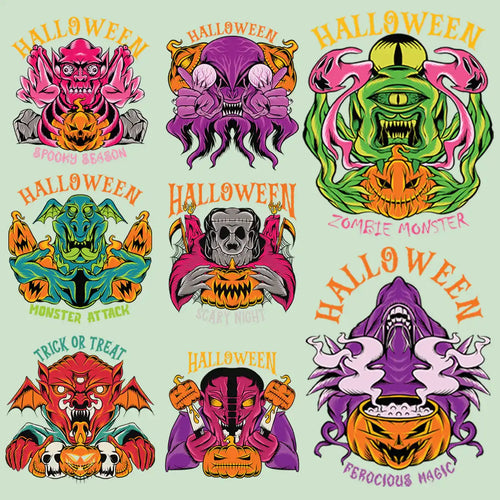 Paquete de 7 diseños PNG de monstruos de Halloween