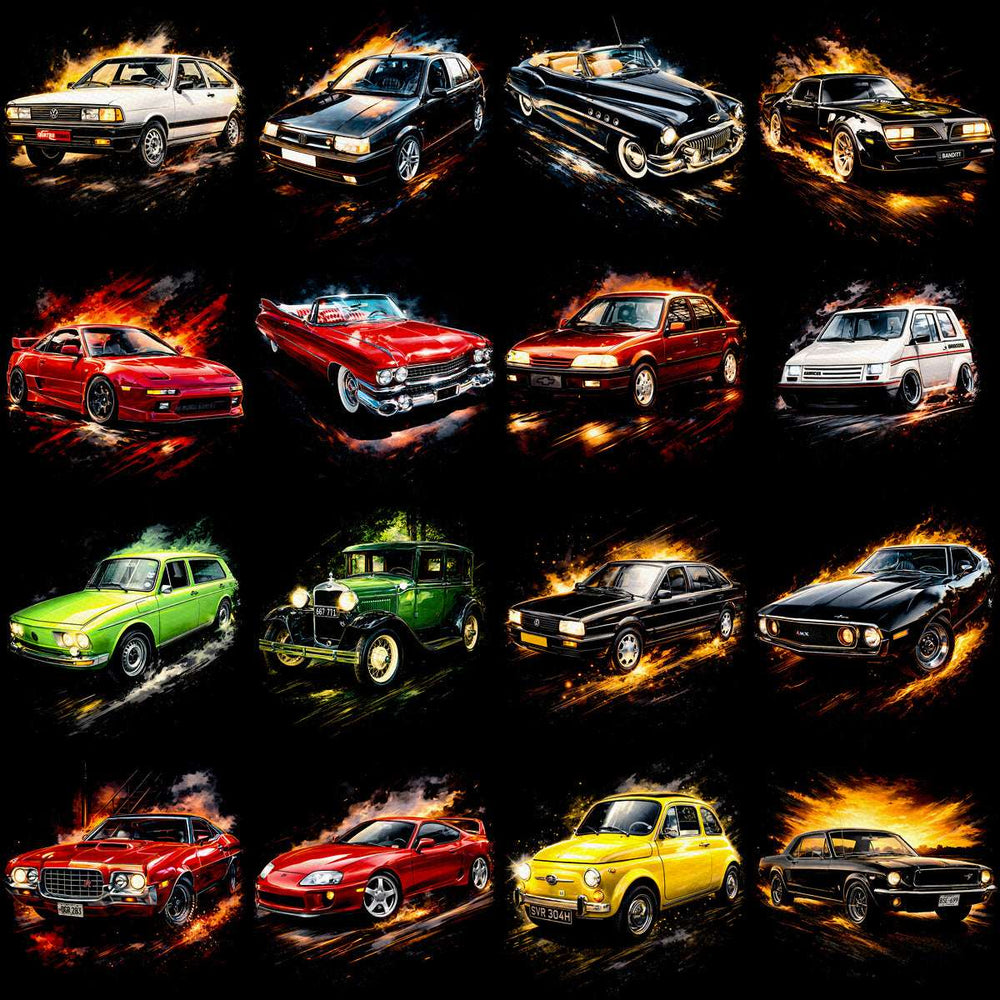 Vintage and classic cars with fiery effects, ideal for DTF/DTG and embroidery designs