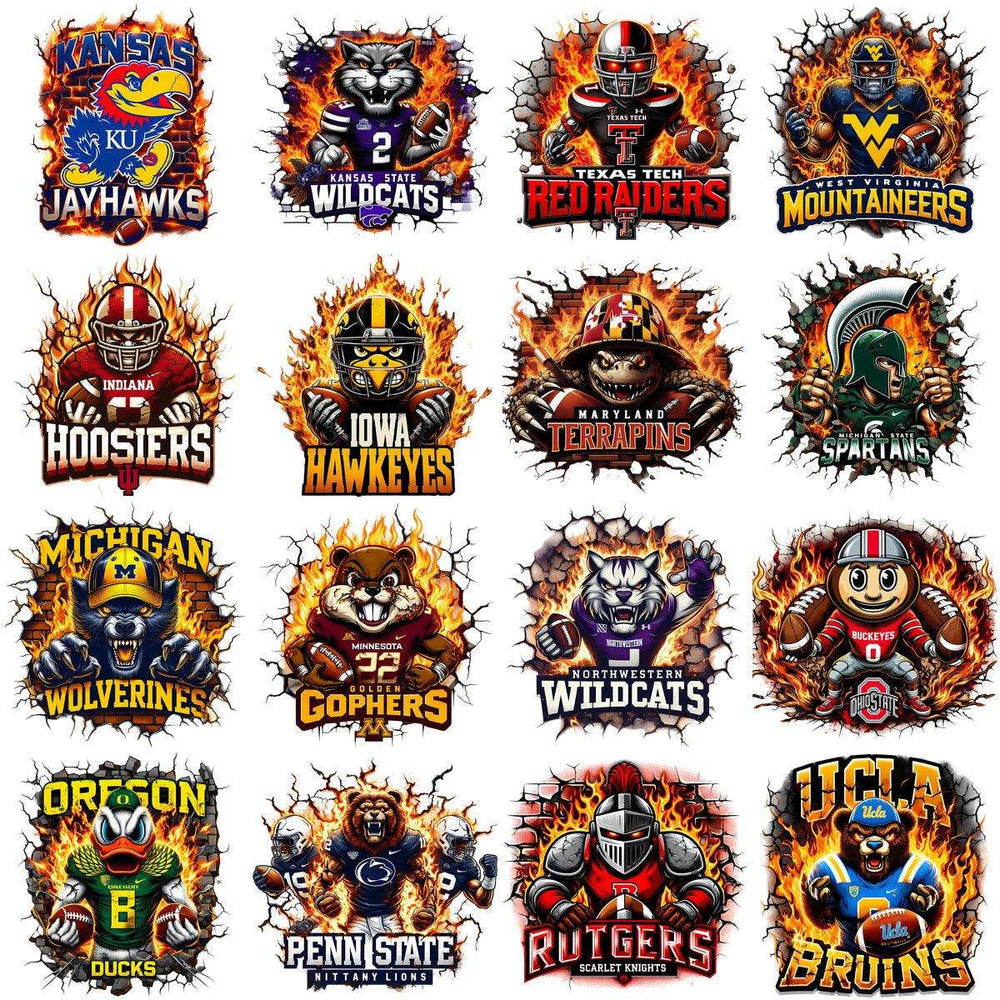 130 College Football NCAA Teams Mascots on Fire Designs Bundle PNG