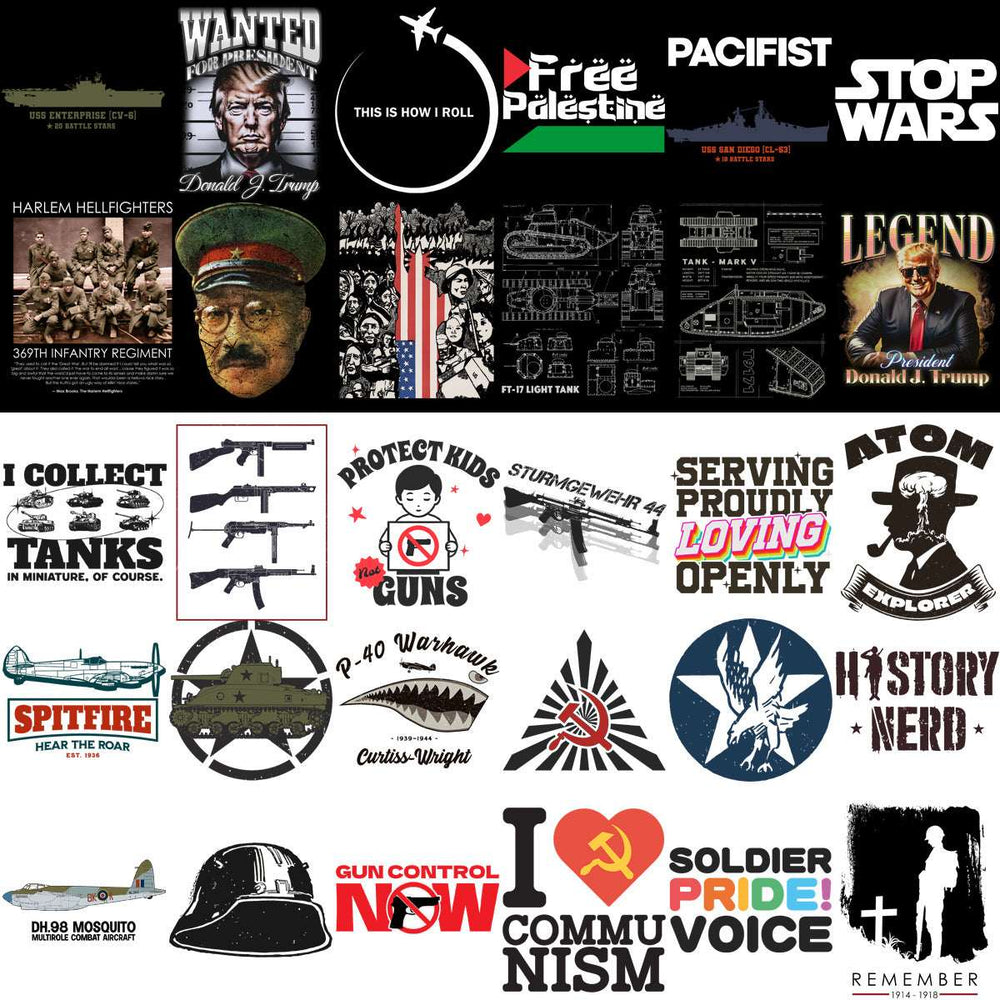 Military-themed designs including tanks, guns, and historical figures for DTF/DTG and embroidery projects.