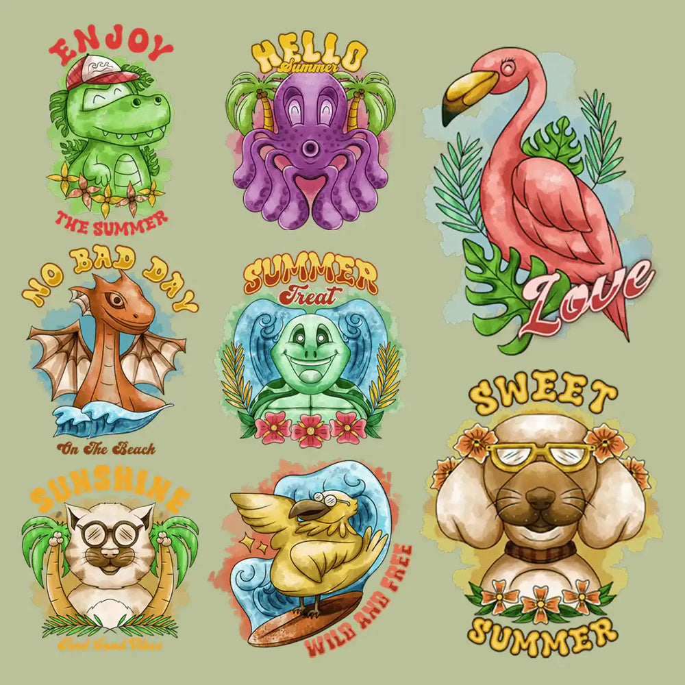 7 Watercolor Summer Animals Designs Bundle PNG