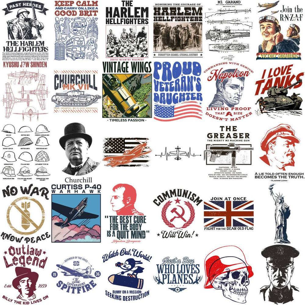 Vintage military & WWII-themed print designs for DTF/DTG, embroidery, tumblers. Patriotic, historical, aircraft, tanks, heroes.