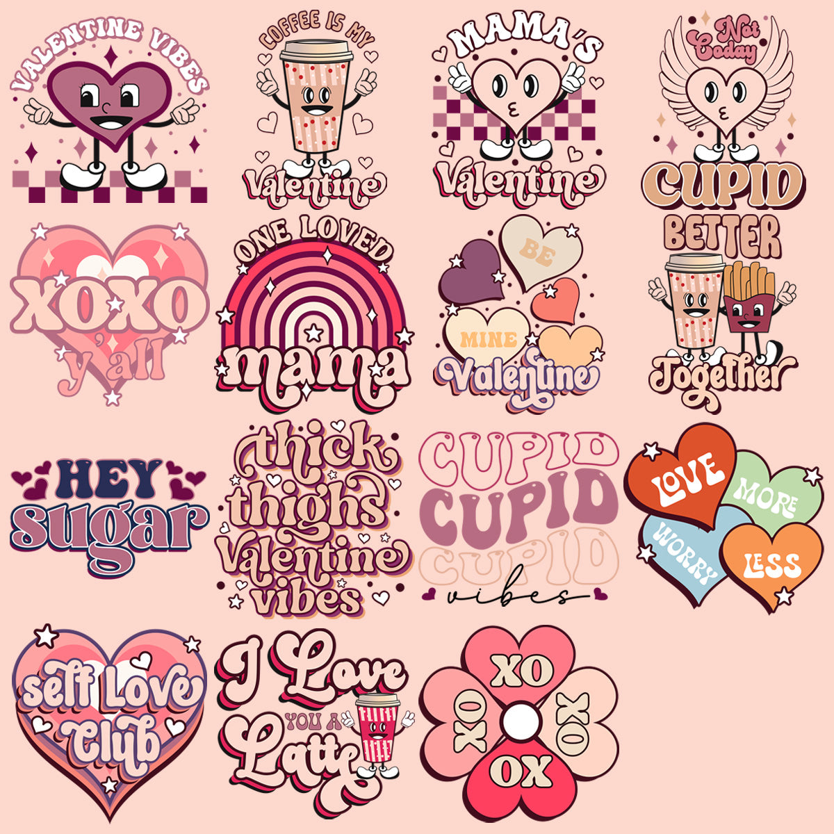 14 Retro Valentine Designs Bundle Png