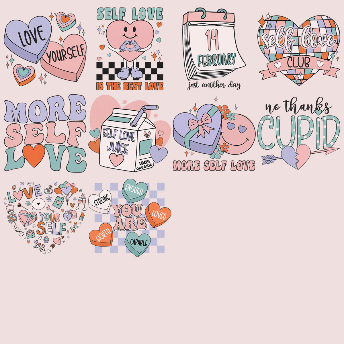 9 Self Love Valentine Designs Bundle Png