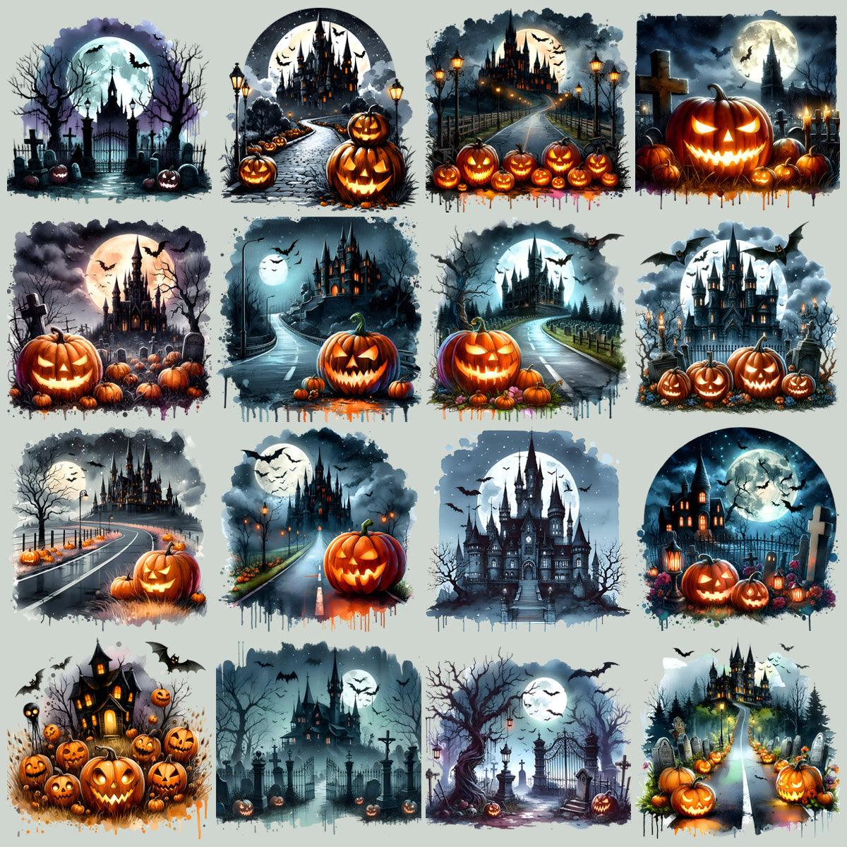 49 Watercolor Halloween Castle Designs Bundle PNG