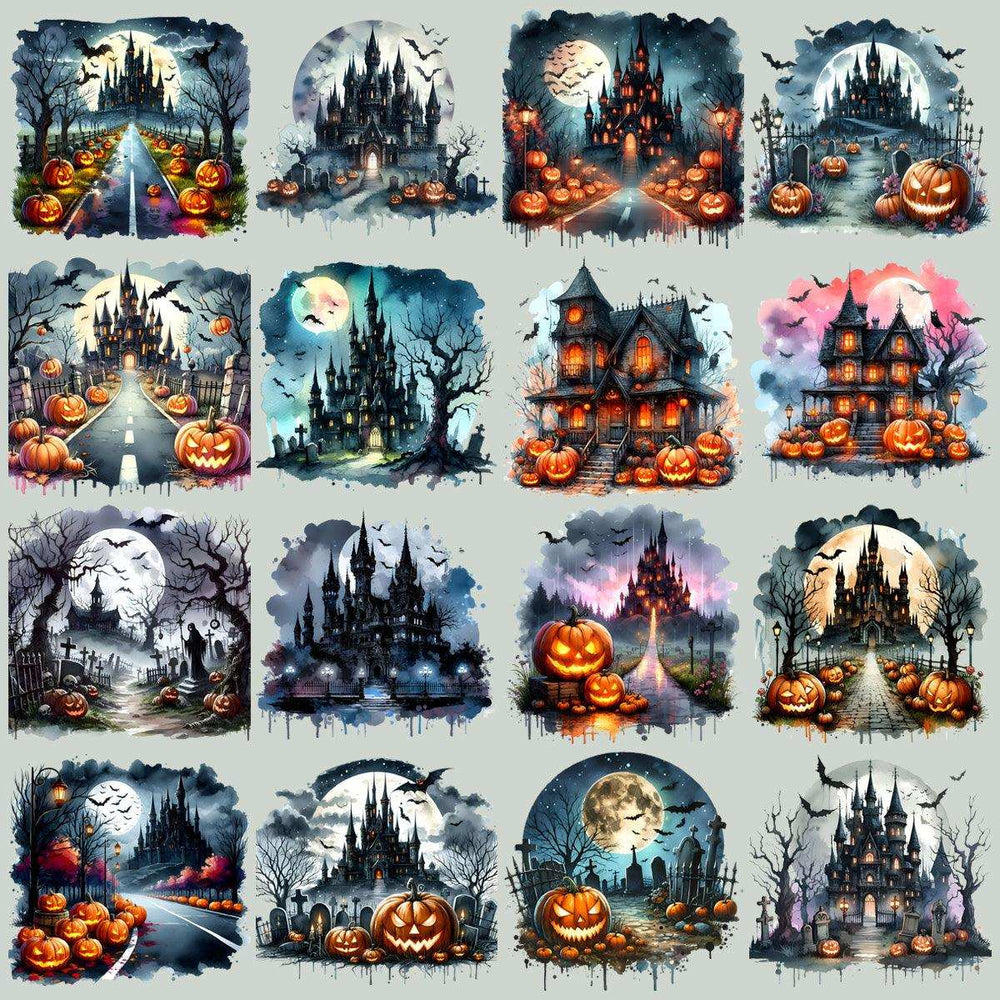 49 Watercolor Halloween Castle Designs Bundle PNG