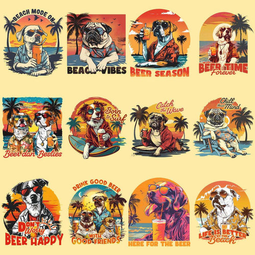 19 Retro Dog Summer Beach Designs Bundle PNG