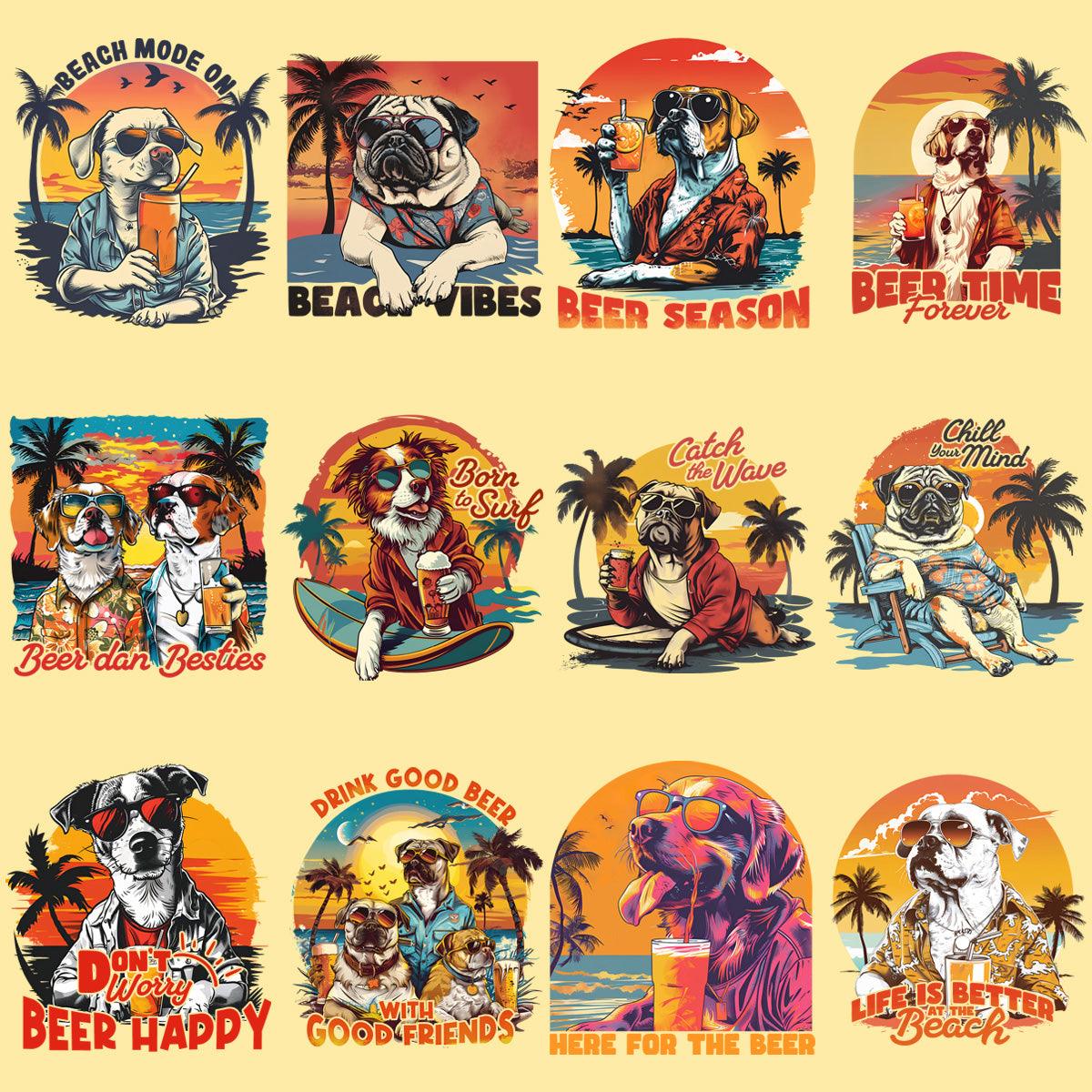 19 Retro Dog Summer Beach Designs Bundle PNG