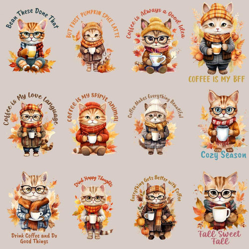 23 Retro Herbst Katzen Kaffee Designs Bundle PNG
