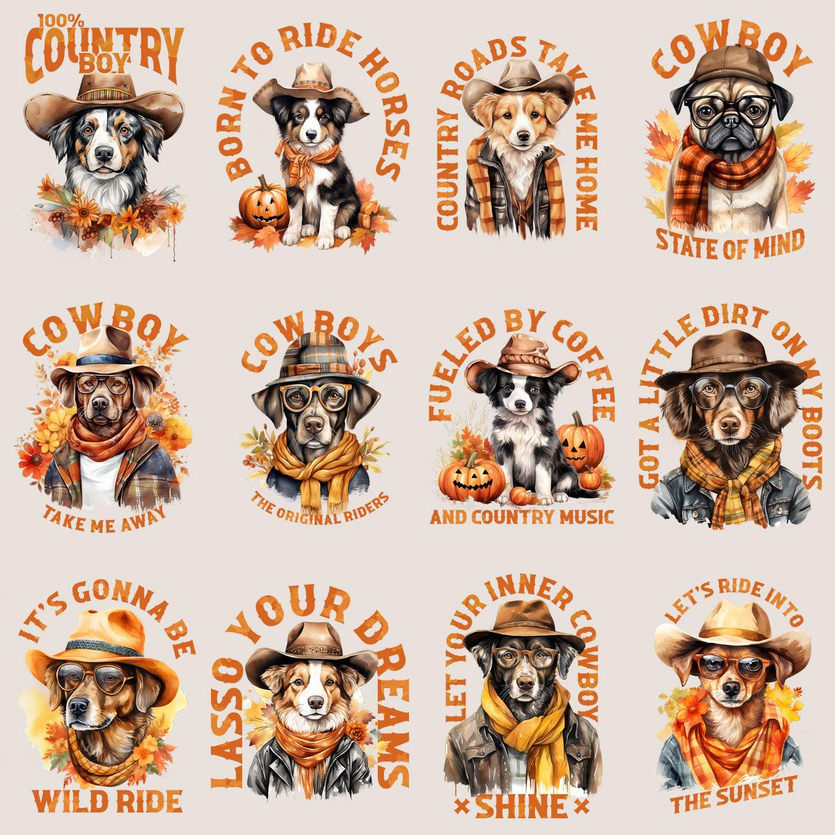 23 Retro Fall Cowboy Dog Designs Bundle PNG