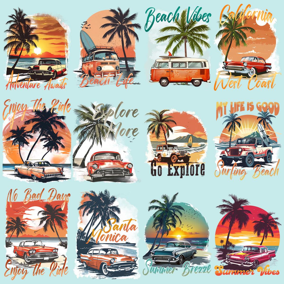 19 Retro Summer Beach Classic Car Designs Bundle PNG