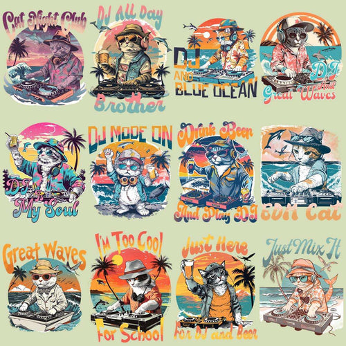 Paquete de 19 diseños PNG de gatos DJ para la playa de verano