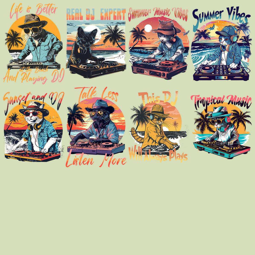 19 Summer Beach Dj Cat Designs Bundle PNG
