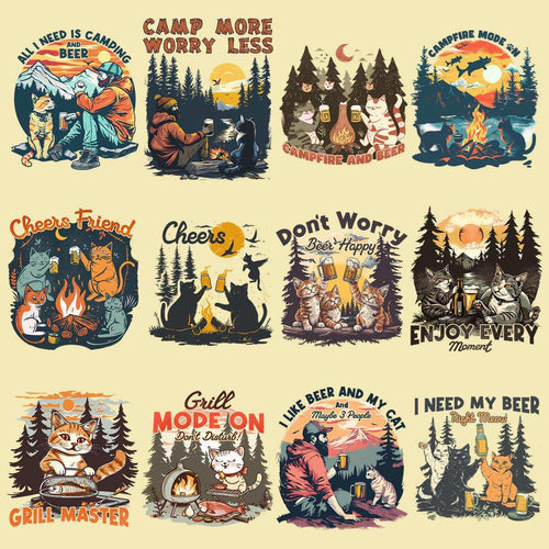 19 Summer Cat Camping Designs Bundle PNG