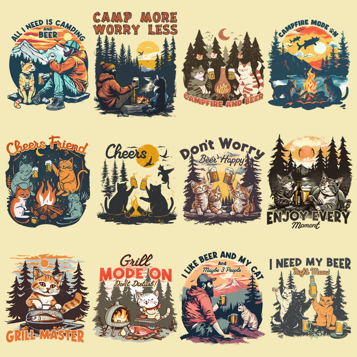 19 Summer Cat Camping Designs Bundle PNG