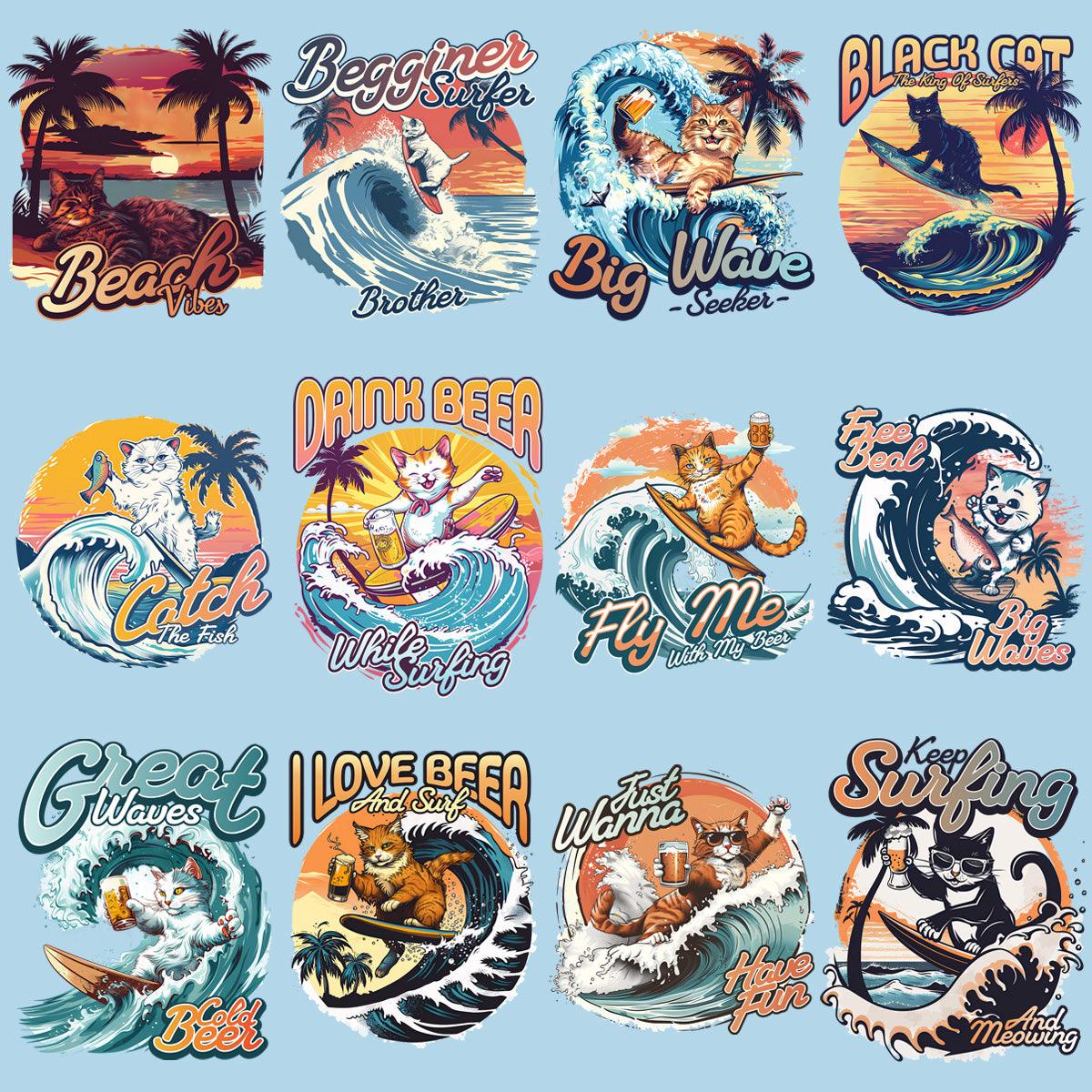 19 Summer Surfing Cat Designs Bundle PNG