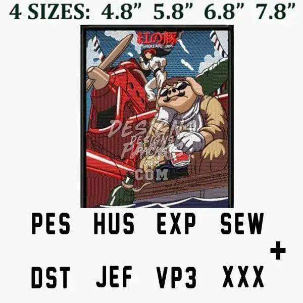 Embroidery design featuring anime characters in a boat, available in PES, DST, and other formats