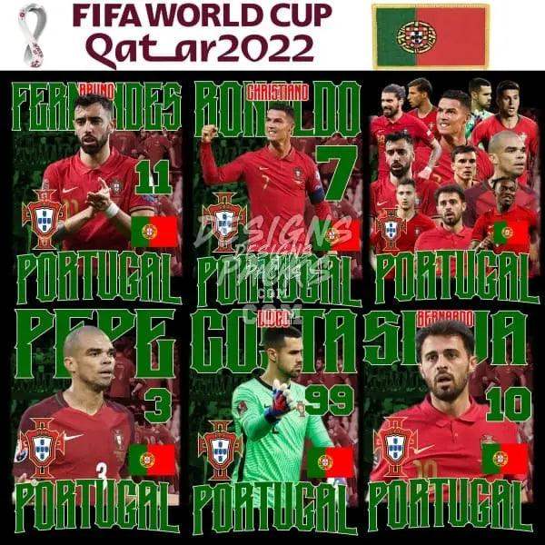 Portugal FIFA World Cup Qatar 2022 soccer players in red jerseys with team flags and numbers