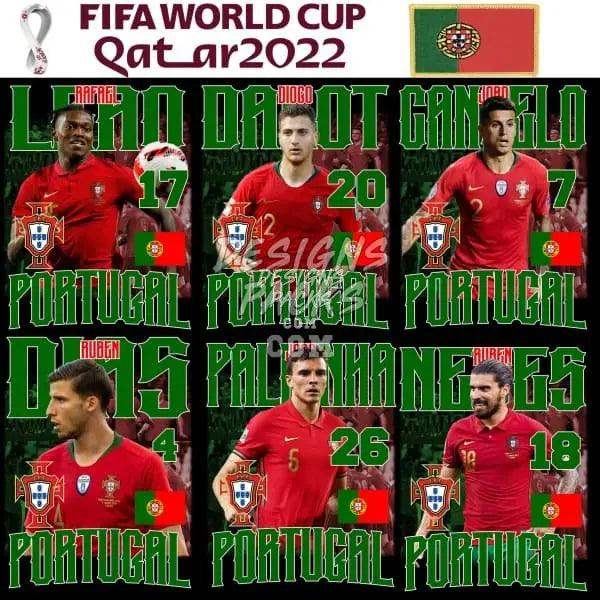 Portugal FIFA World Cup Qatar 2022 soccer players in red jerseys with team flags and numbers