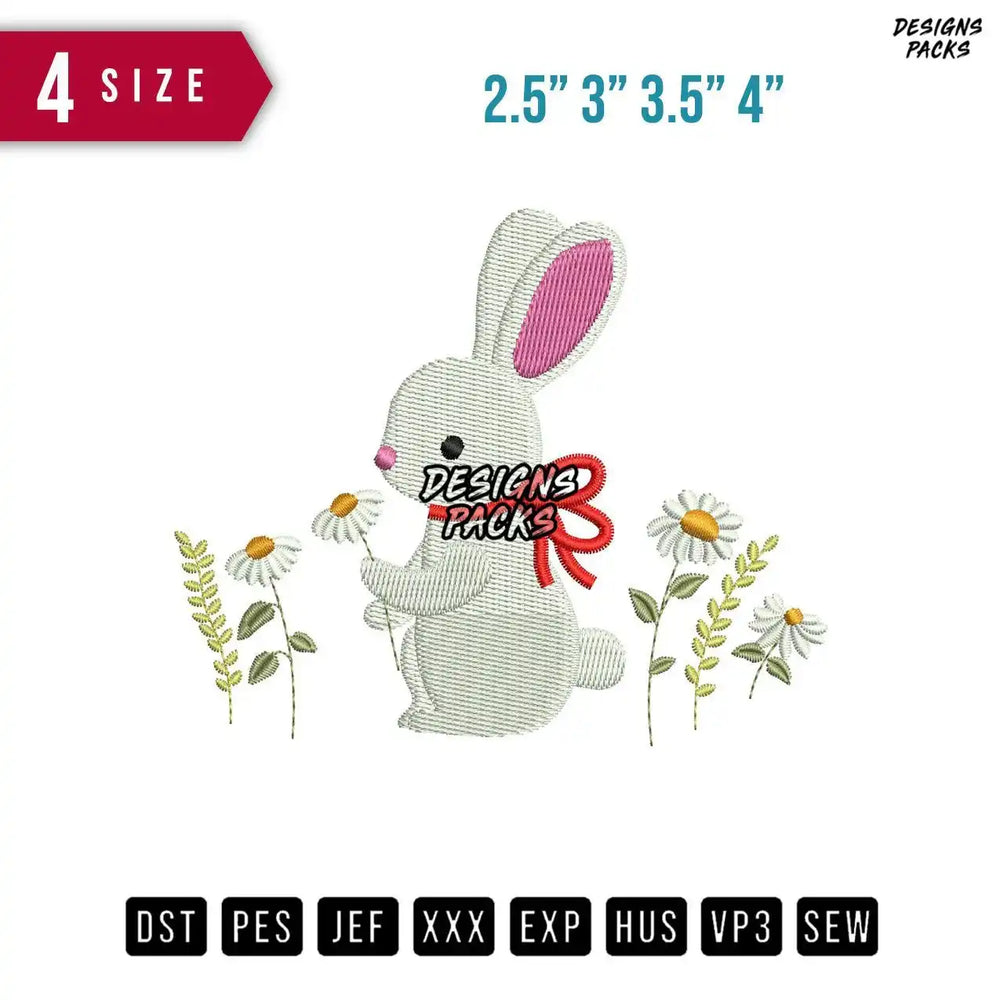 Rabbit Flower Ribbon Embroidery Design