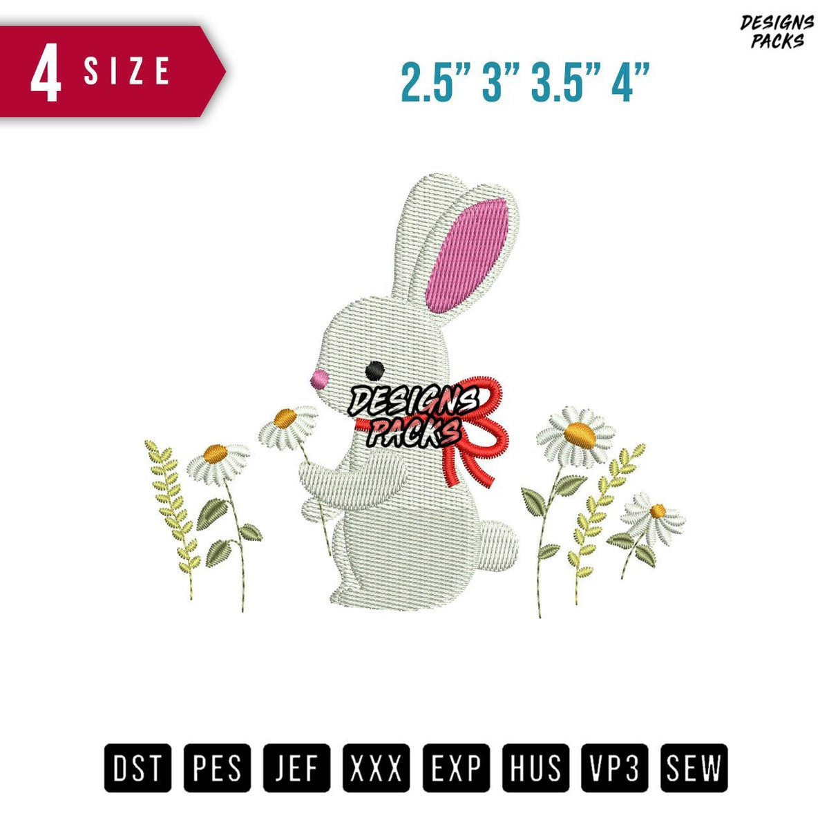 Rabbit Flower Ribbon Embroidery Design