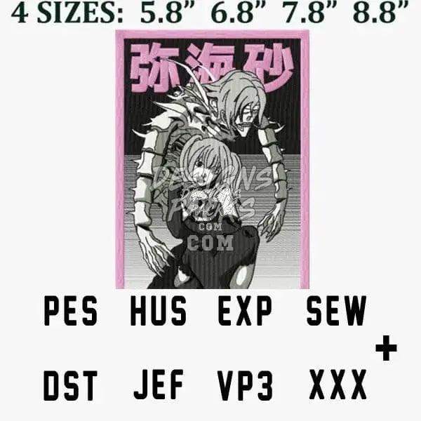 Anime-style embroidery design with 4 sizes, PES HUS DST formats for instant download
