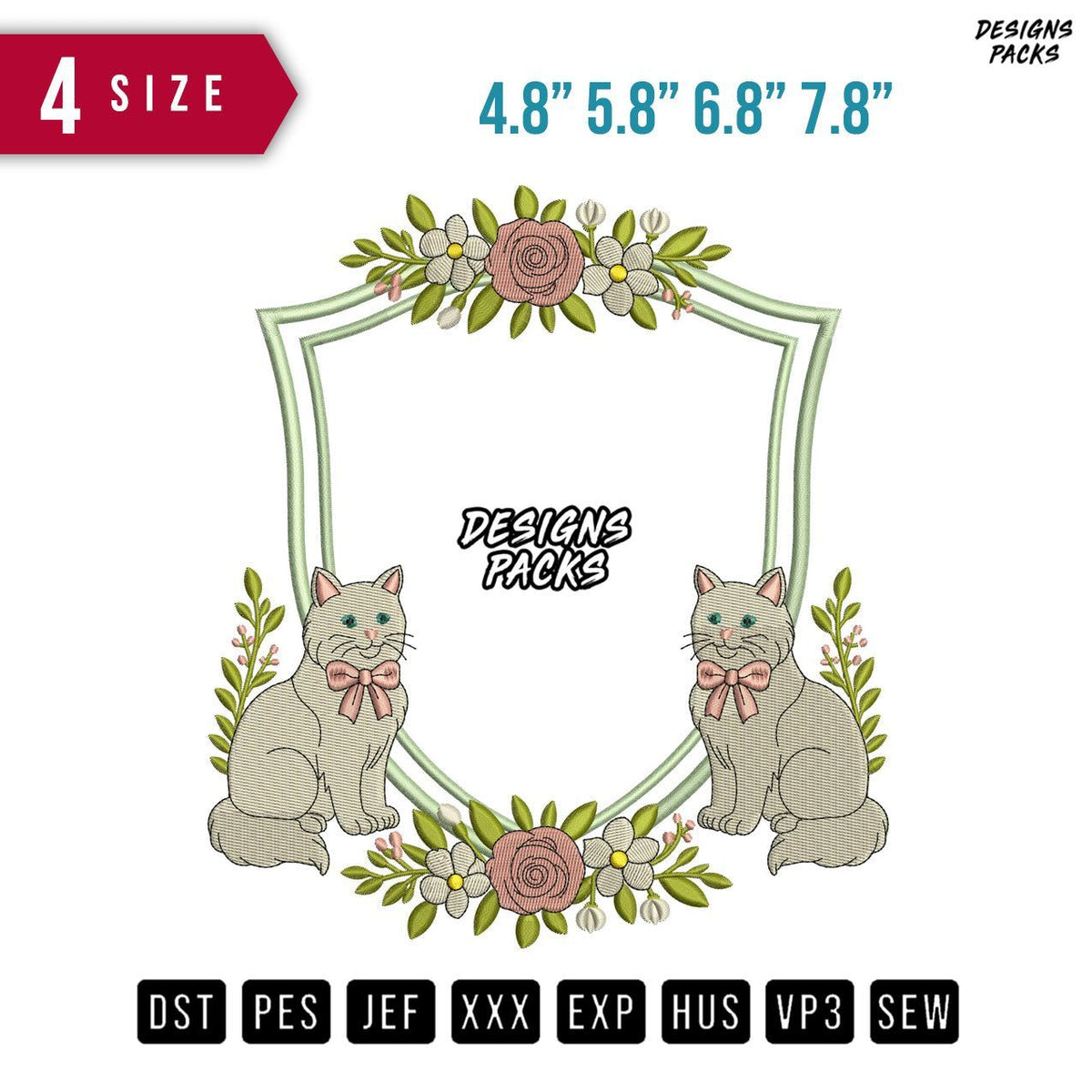 Ribbon 2 Cat Flower Embroidery Design