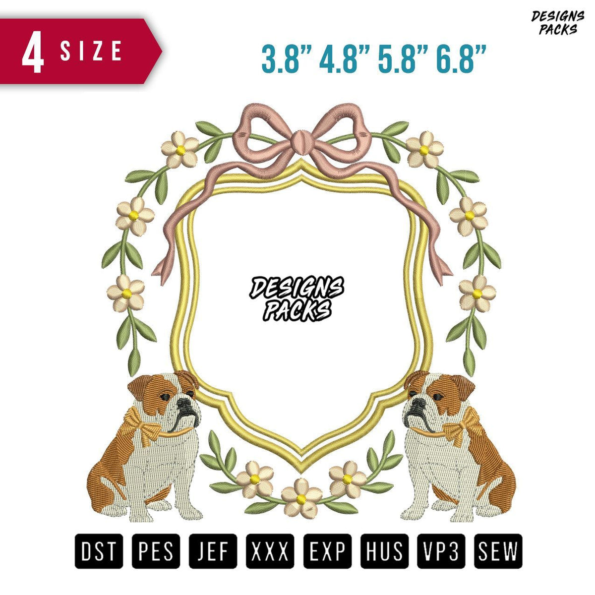 Ribbon 2 Dog Flower B Embroidery Design