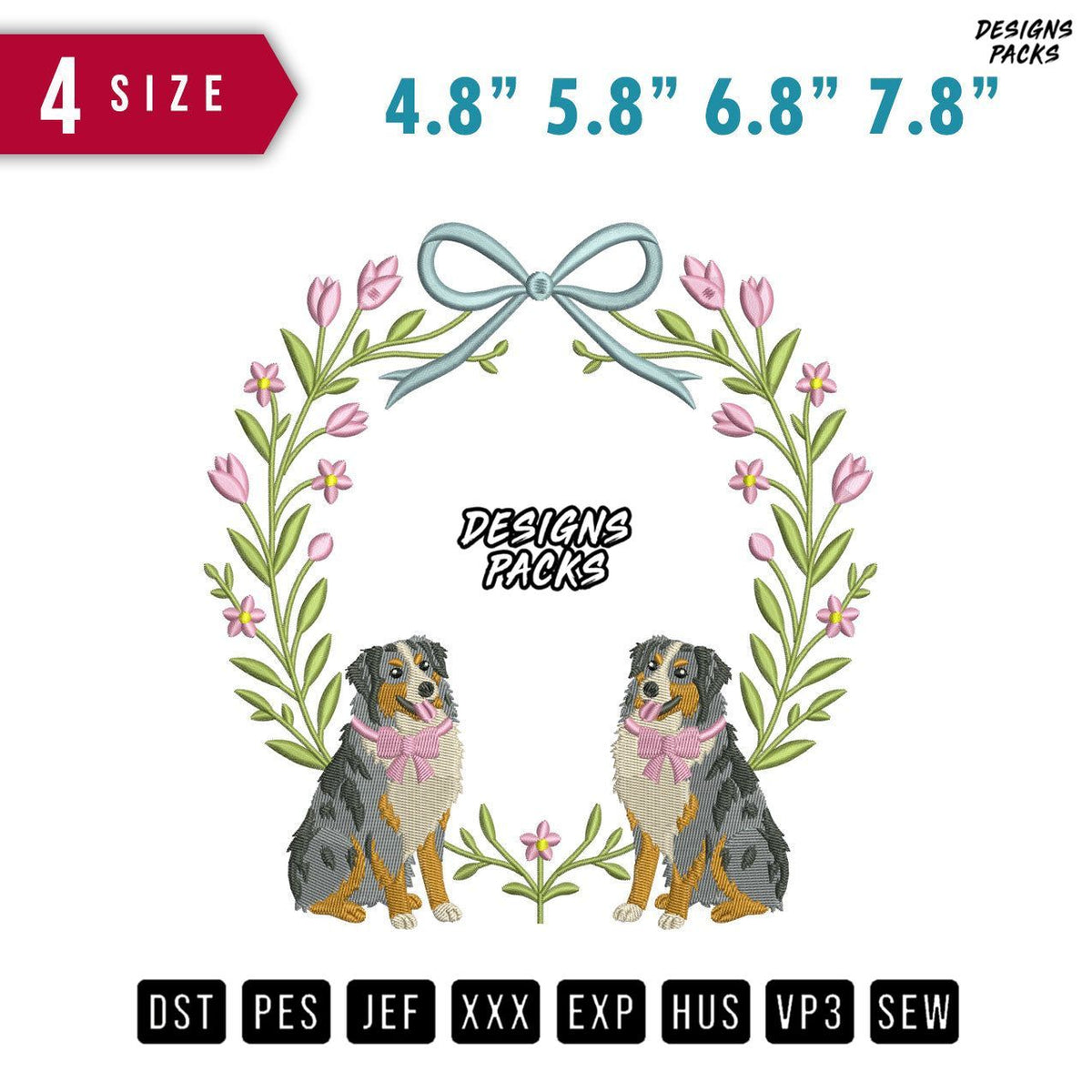 Ribbon 2 Dog Flower Embroidery Design
