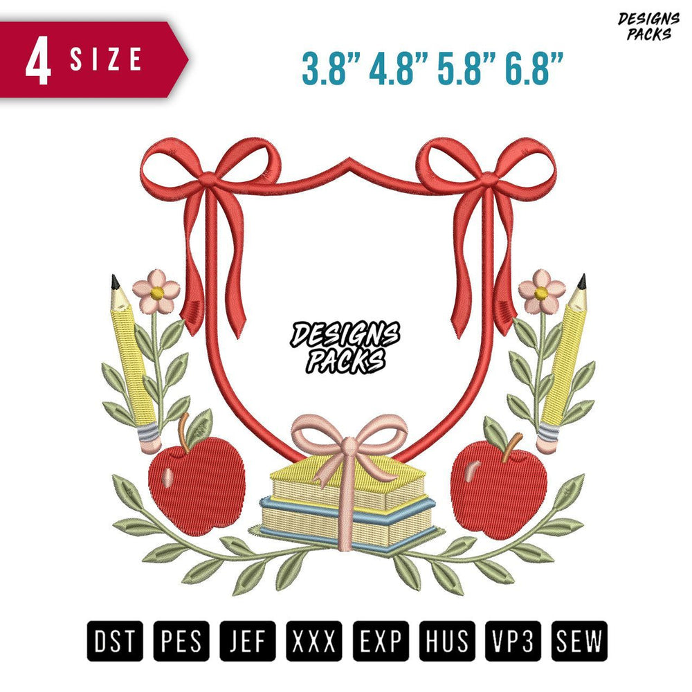 Ribbon Apple Book Embroidery Design