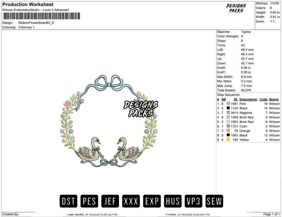 Ribbon Flower Swan B Embroidery Design