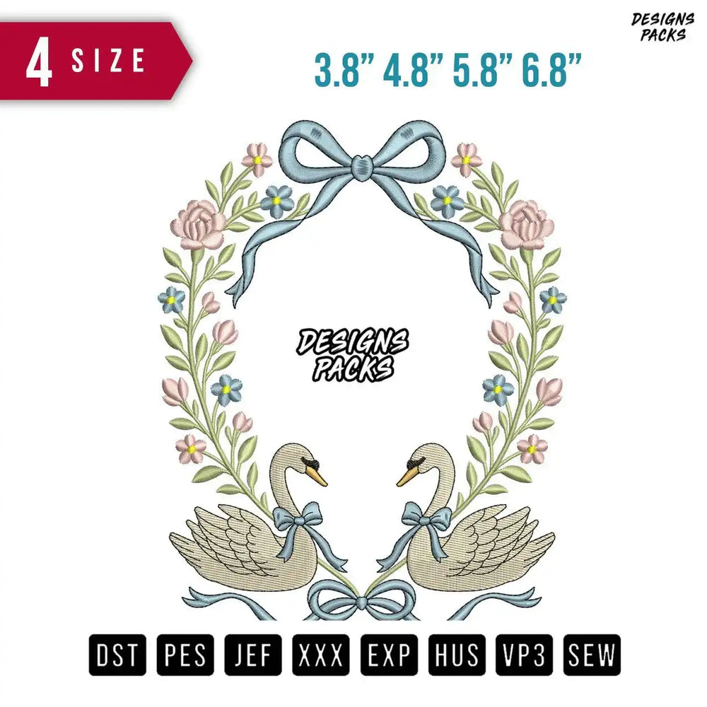 Ribbon Flower Swan Embroidery Design