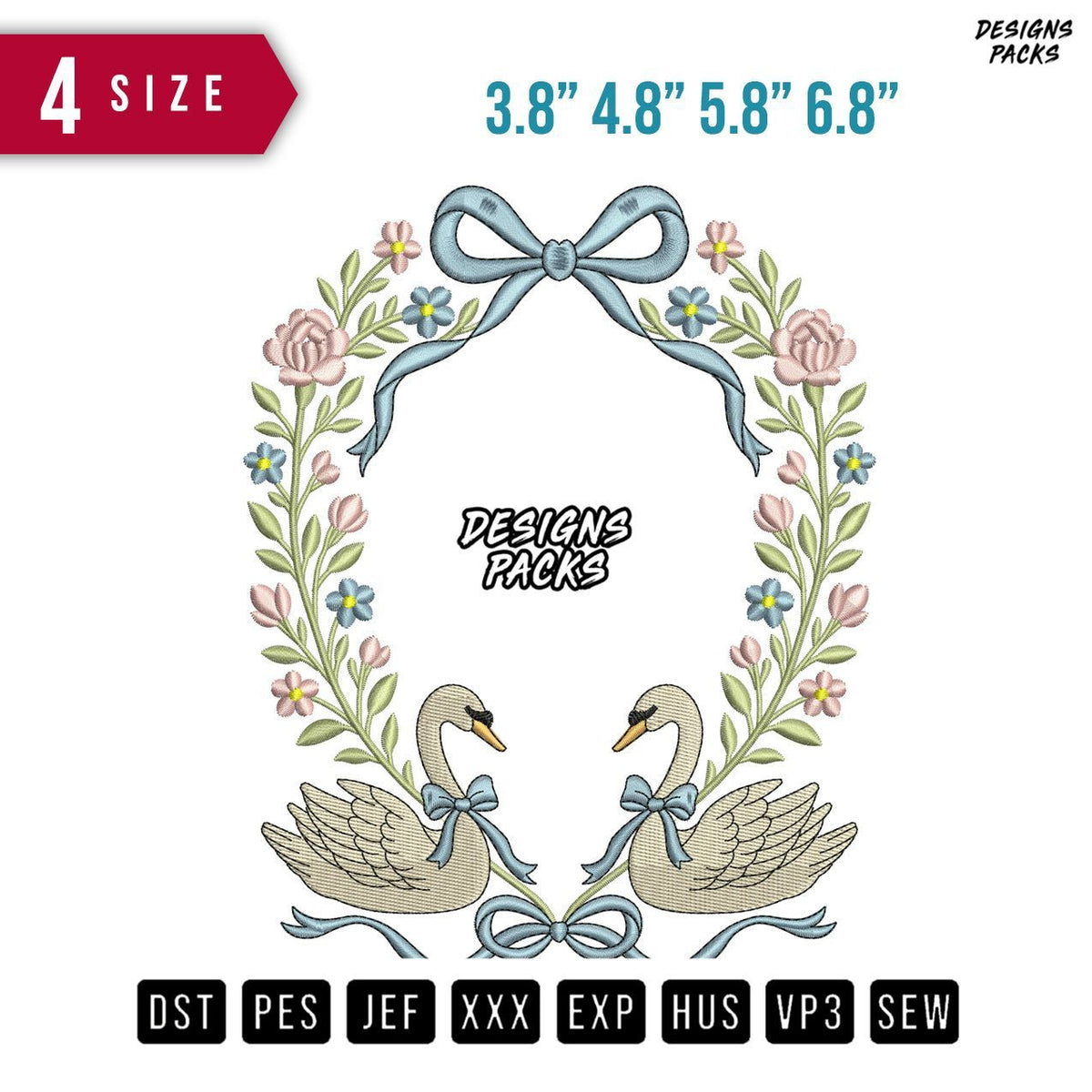 Ribbon Flower Swan Embroidery Design