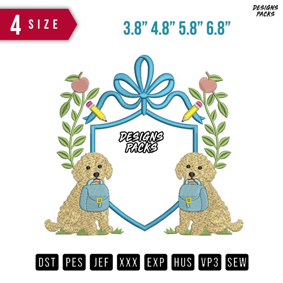 Ribbon Golden Retriever Dog Embroidery Design