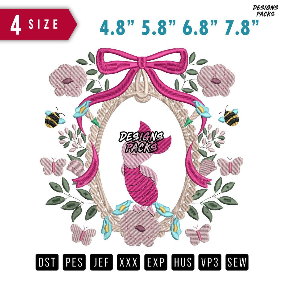 Ribbon Piglet Flower Embroidery Design