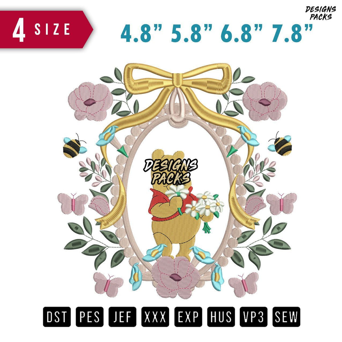 Ribbon Pooh Flower Embroidery Design