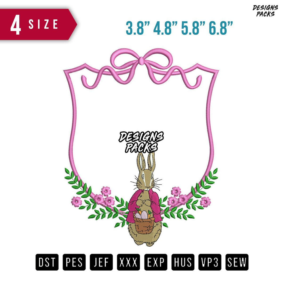 Ribbon Rabbit Pink Embroidery Design