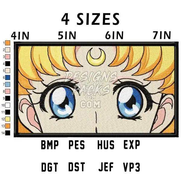 Sailor Moon embroidery design in 4 sizes, available in PES, DST, EXP, and other machine formats for instant download.