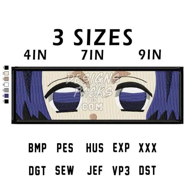 Anime eye embroidery design in 3 sizes (4in, 7in, 9in) — PES, DST, EXP formats for machine embroidery