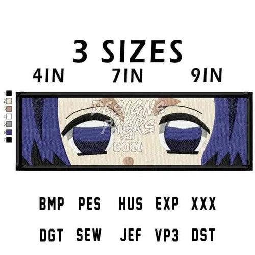 Anime eye embroidery design in 3 sizes (4in, 7in, 9in) — PES, DST, EXP formats for machine embroidery