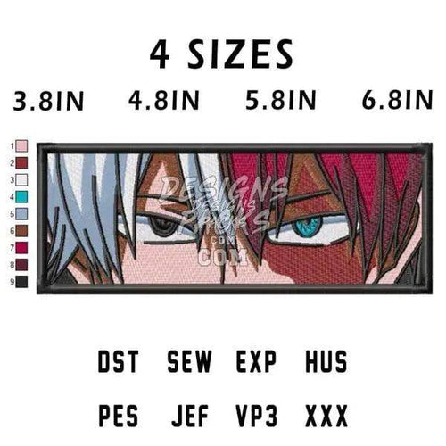 Anime eye embroidery design in 4 sizes, 9 colors, compatible with DST SEW PES formats for instant download